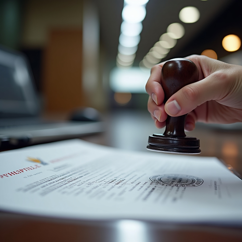 Apostille stamp being applied to official Philippine document at government processing office