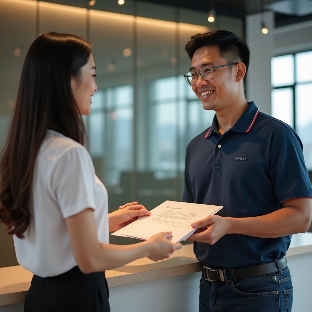 Courier handing over sealed document envelope to recipient at office reception