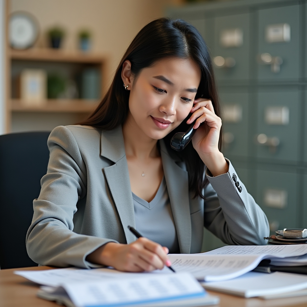 Document coordinator scheduling notarization appointment on phone with organized papers