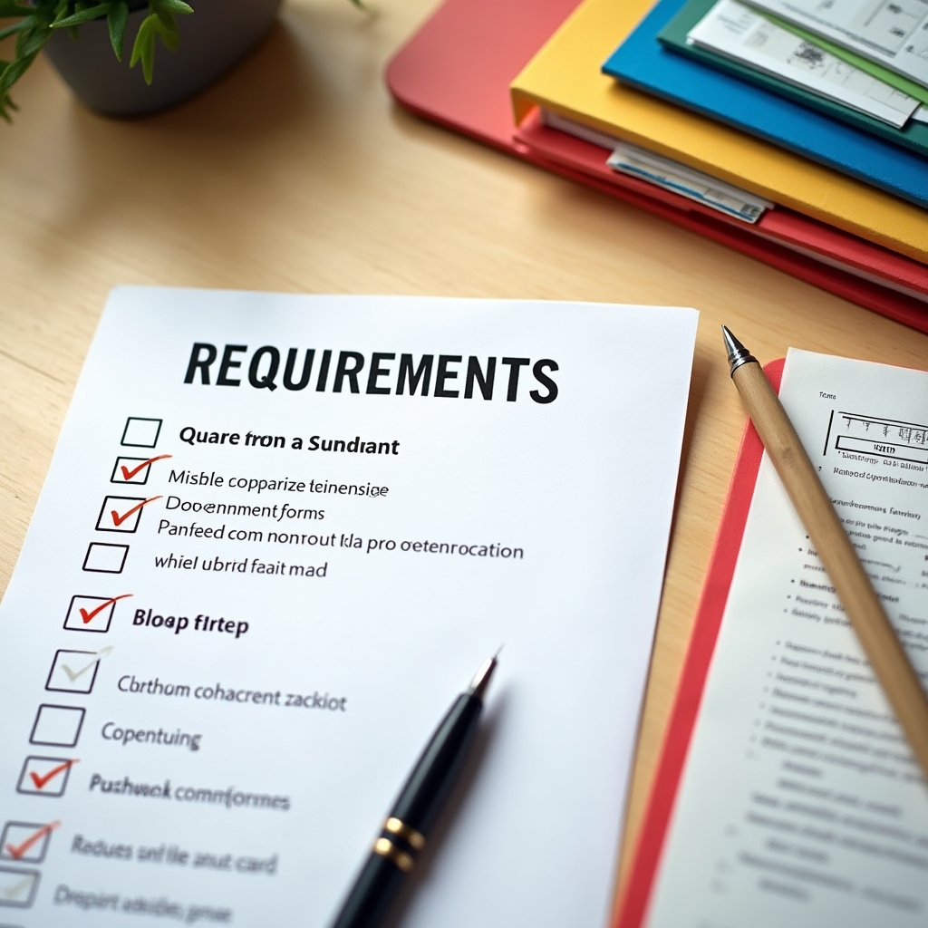 Organized document requirements checklist with folders and government forms on desk